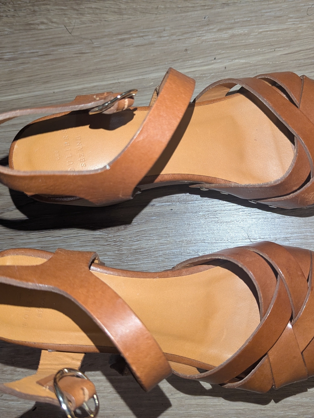 Sezane Tan Brown Leather Strappy Clog Wood Heels Sandals - Picture 5 of 7